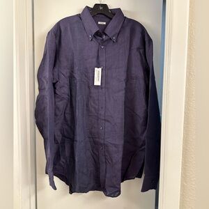 NWT Caliban Men's Navy Blue Button Down Shirt Long Sleeves 44 17.5 100% Linen
